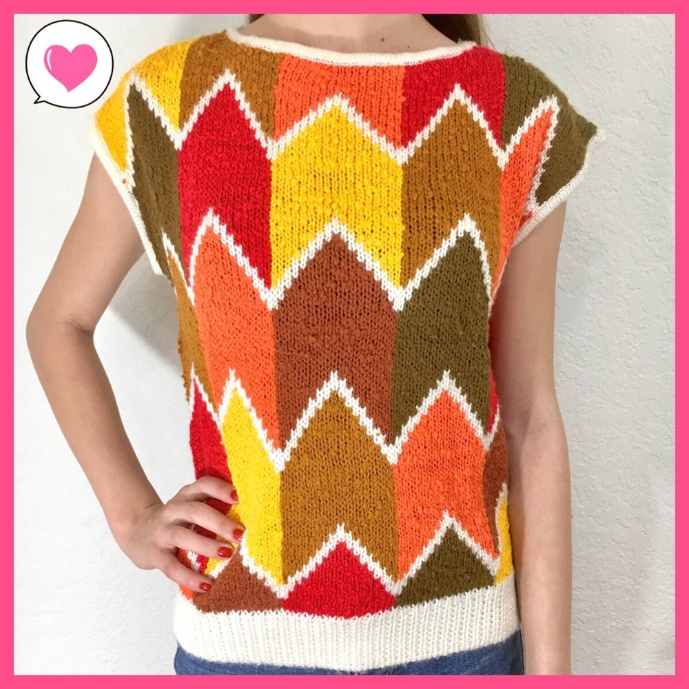 Vintage sweater knit vest top chevron red/yellow M - Picture 1 of 6